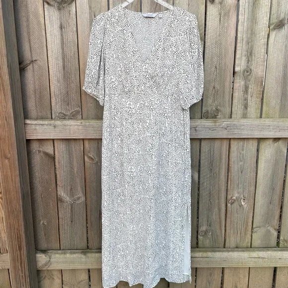 & Other Stories Dress Printed Puff Sleeve Midi White Black Polka Dots Size  10